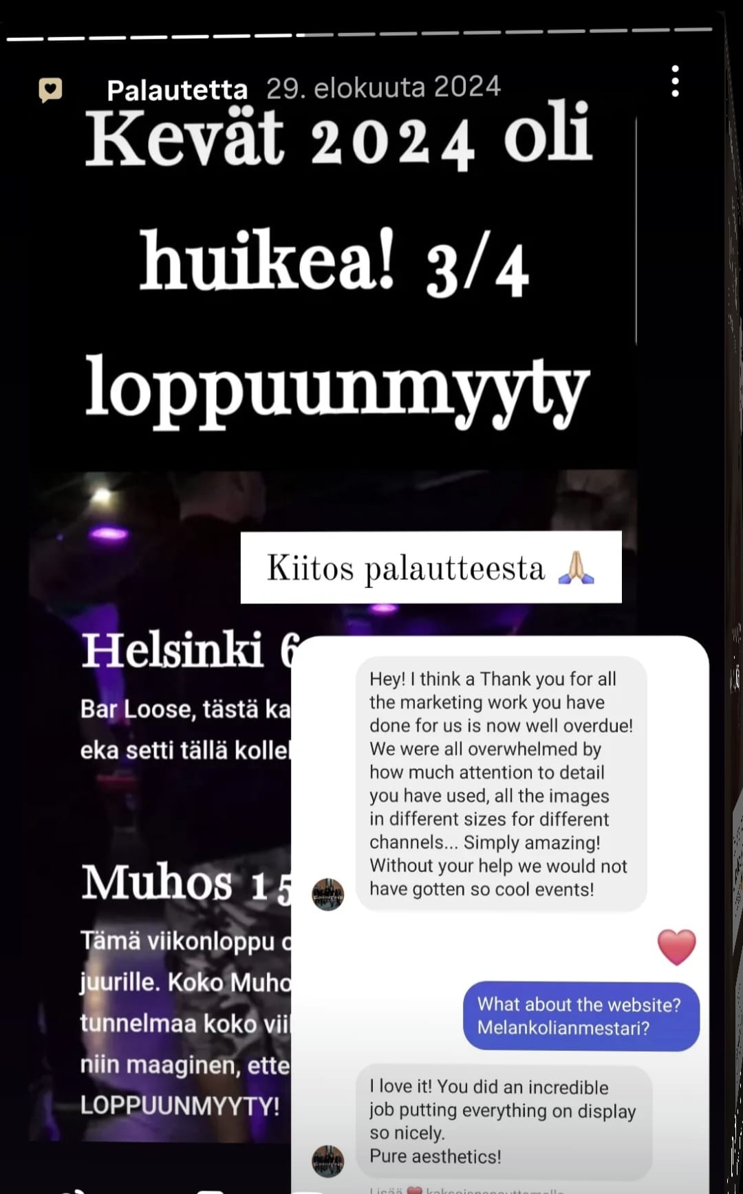 Palaute Melankolian Mestari -kiertueen markkinoinnista